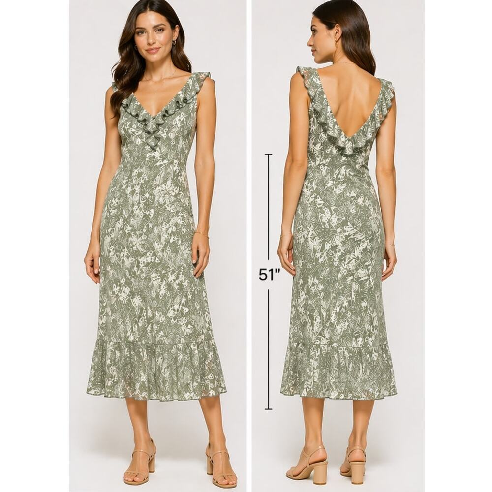 Jonathan Martin Studio Green Flounce Floral Midi Dress 100% Silk Ruffle Neck 12 - Picture 2 of 6